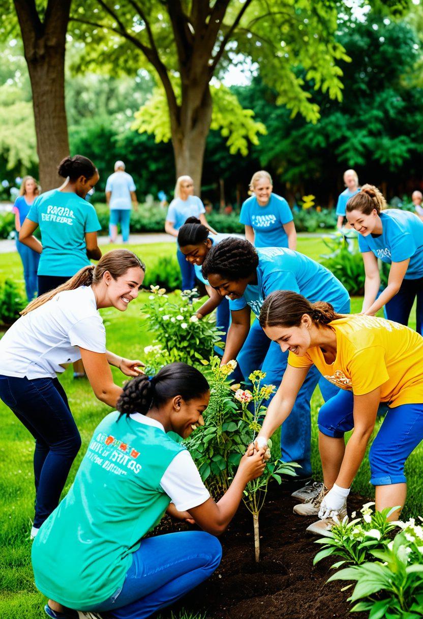 A heartwarming scene of a diverse group of volunteers helping each other and engaging in community activities. Include elements like smiling faces, people planting trees, painting a mural, and sharing moments of laughter. The background should showcase a park with vibrant flowers and trees, conveying harmony and connection. Soft lighting to evoke a sense of warmth and support. super-realistic. vibrant colors.