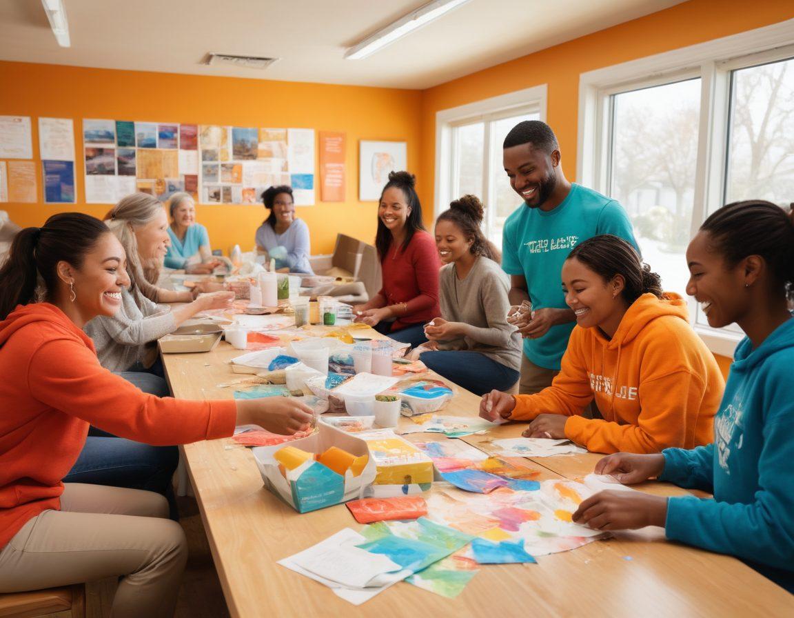A heartwarming scene depicting diverse people engaged in various charitable acts, such as volunteering at a community center, offering support to individuals in need, and participating in a group therapy session. Emphasize expressions of kindness, joy, and connection among the participants to showcase the emotional benefits of philanthropy on relationship wellness. Use soft colors to create an inviting and uplifting atmosphere. painting. vibrant colors. warm tones.