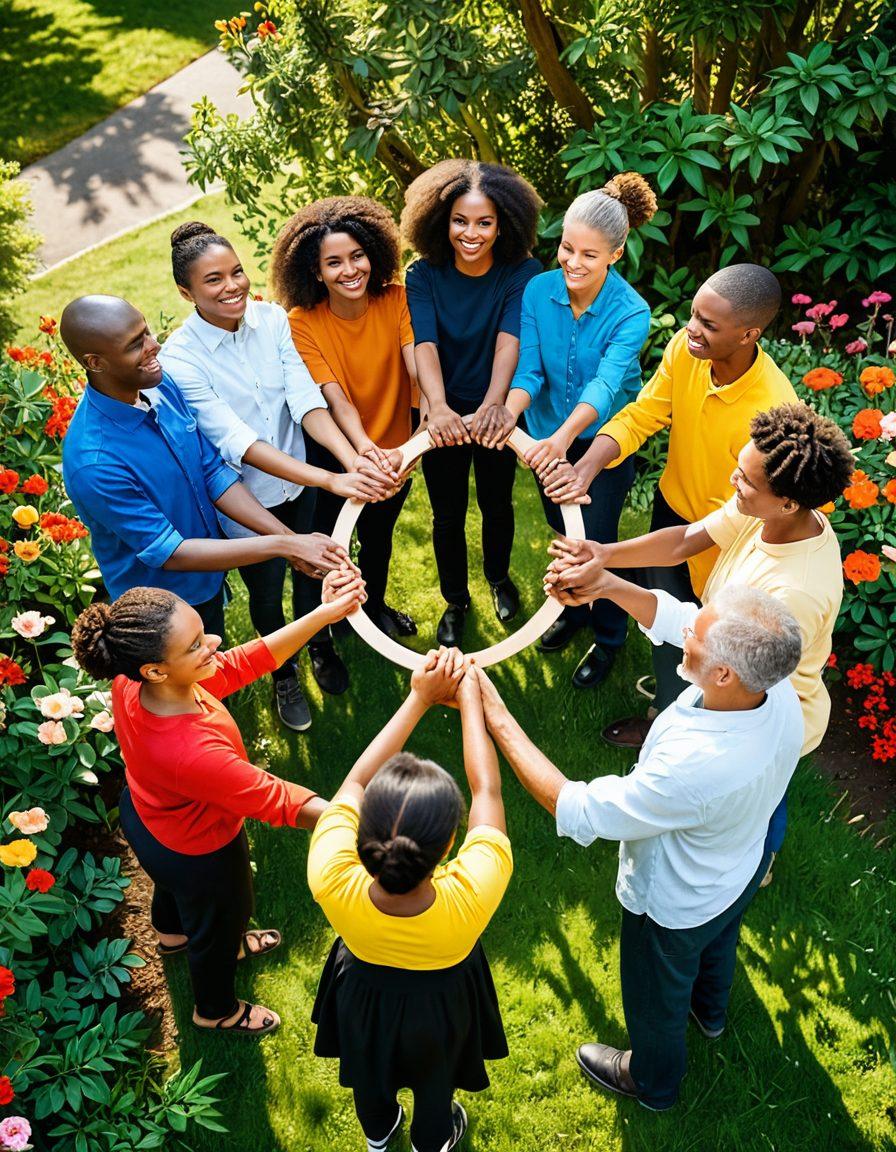 A diverse group of people from various backgrounds holding hands in a circle, symbolizing unity and support. Surrounding them are vibrant community elements like trees, flowers, and neighborhoods, creating a warm and welcoming atmosphere. Soft sunlight shines through, illuminating their smiling faces, conveying a sense of hope and connection. super-realistic. vibrant colors. warm tones.
